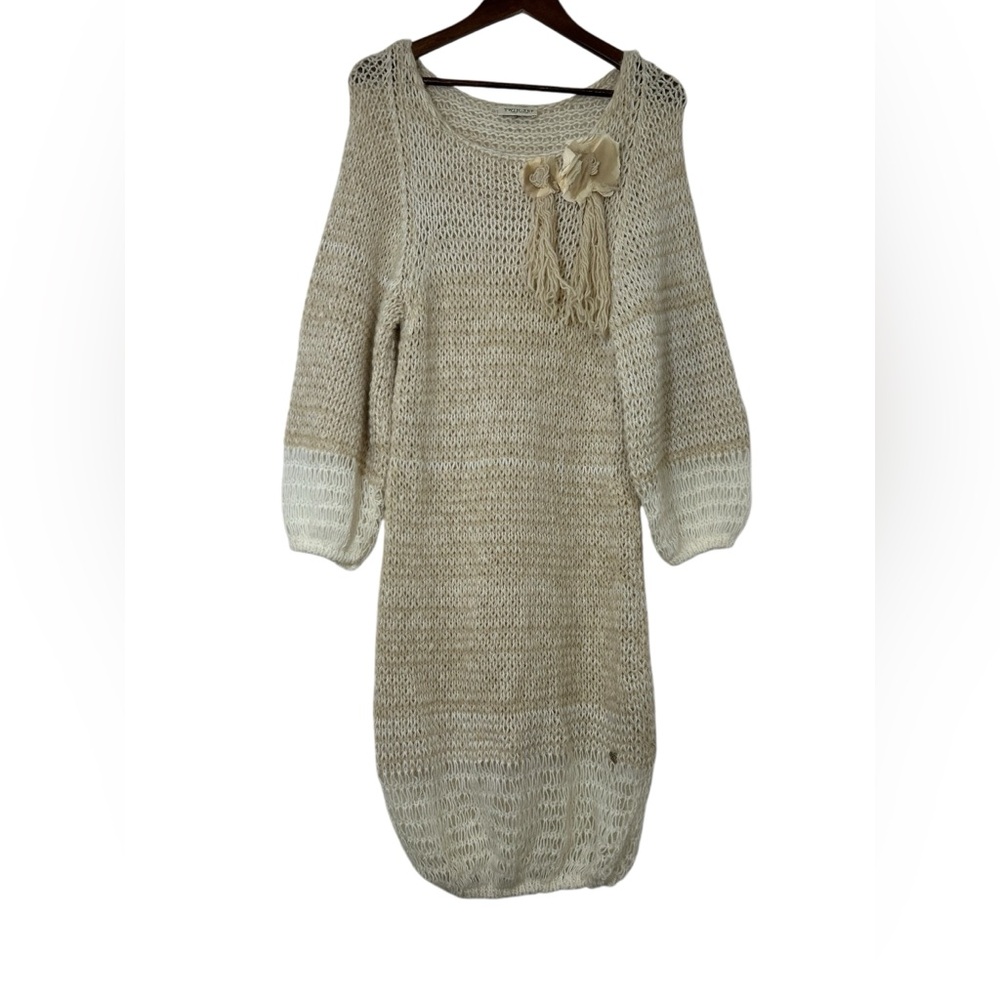 Twin-Set Simona Barbieri Sz 16A Cream Tan Crochet Knit Midi Sweater Dress ITALY
